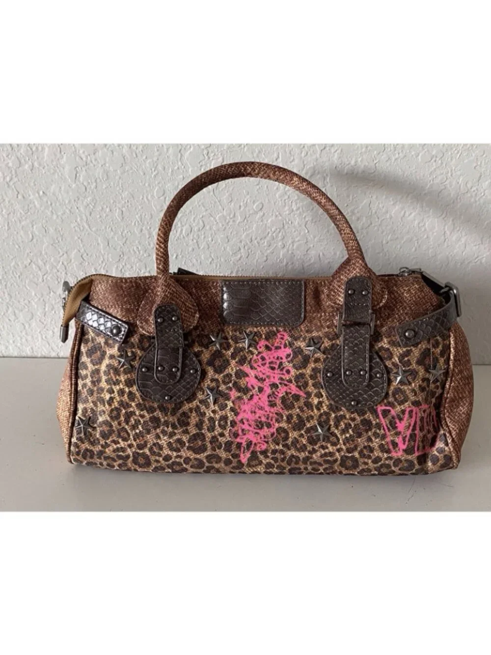 Von Dutch Leopard Print Bree Satchel Bag Animal Print Chic Orange W/Lock Charm